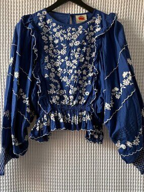 Farm Rio boho blue white embroidered ruffled 100% cotton blouse women's small